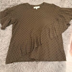 Fever Olive Brown Polka Dot Ruffle Tee